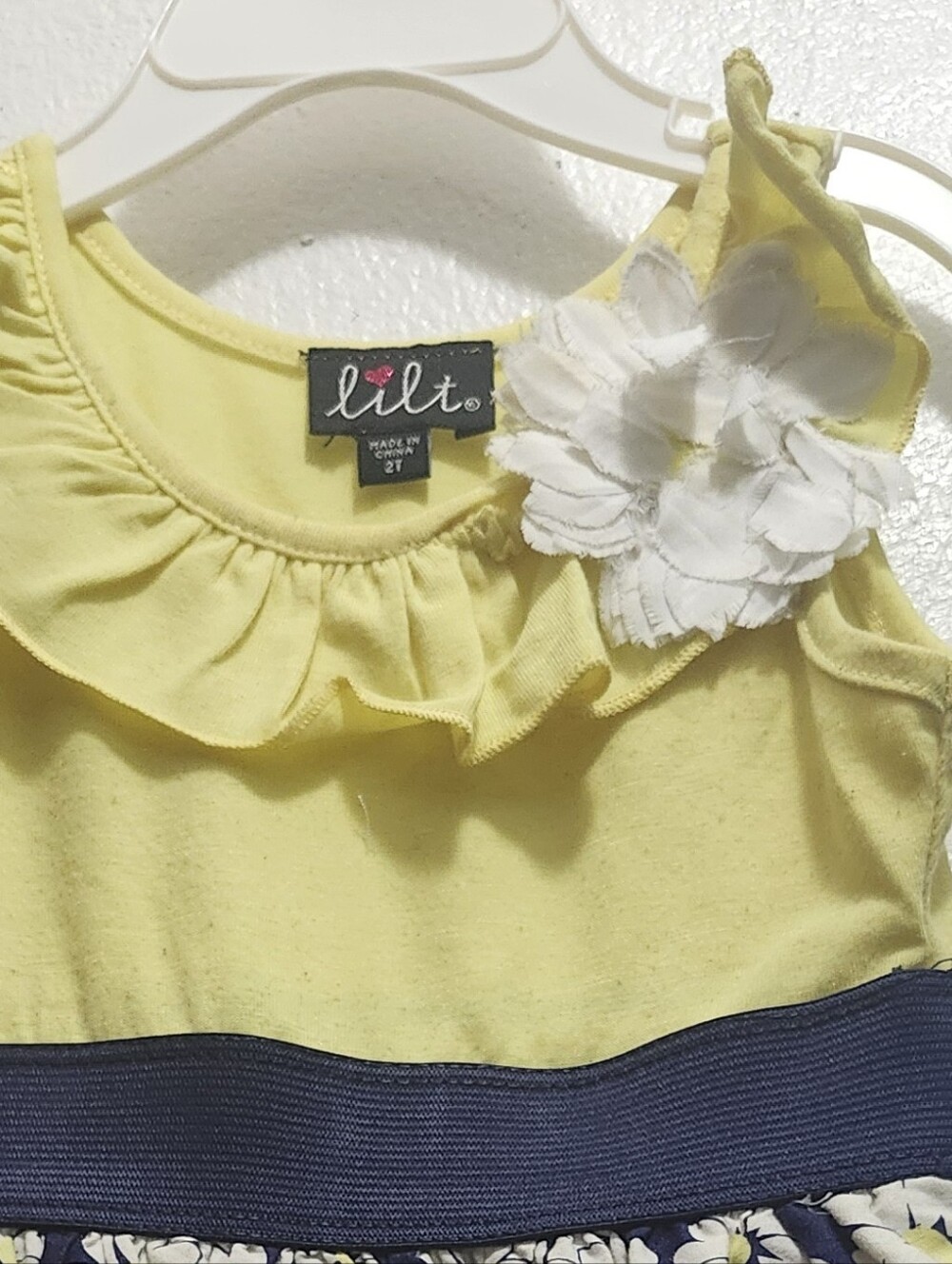 lilt Yellow Ruffle Neck Dress with Navy Waistband and White Flower